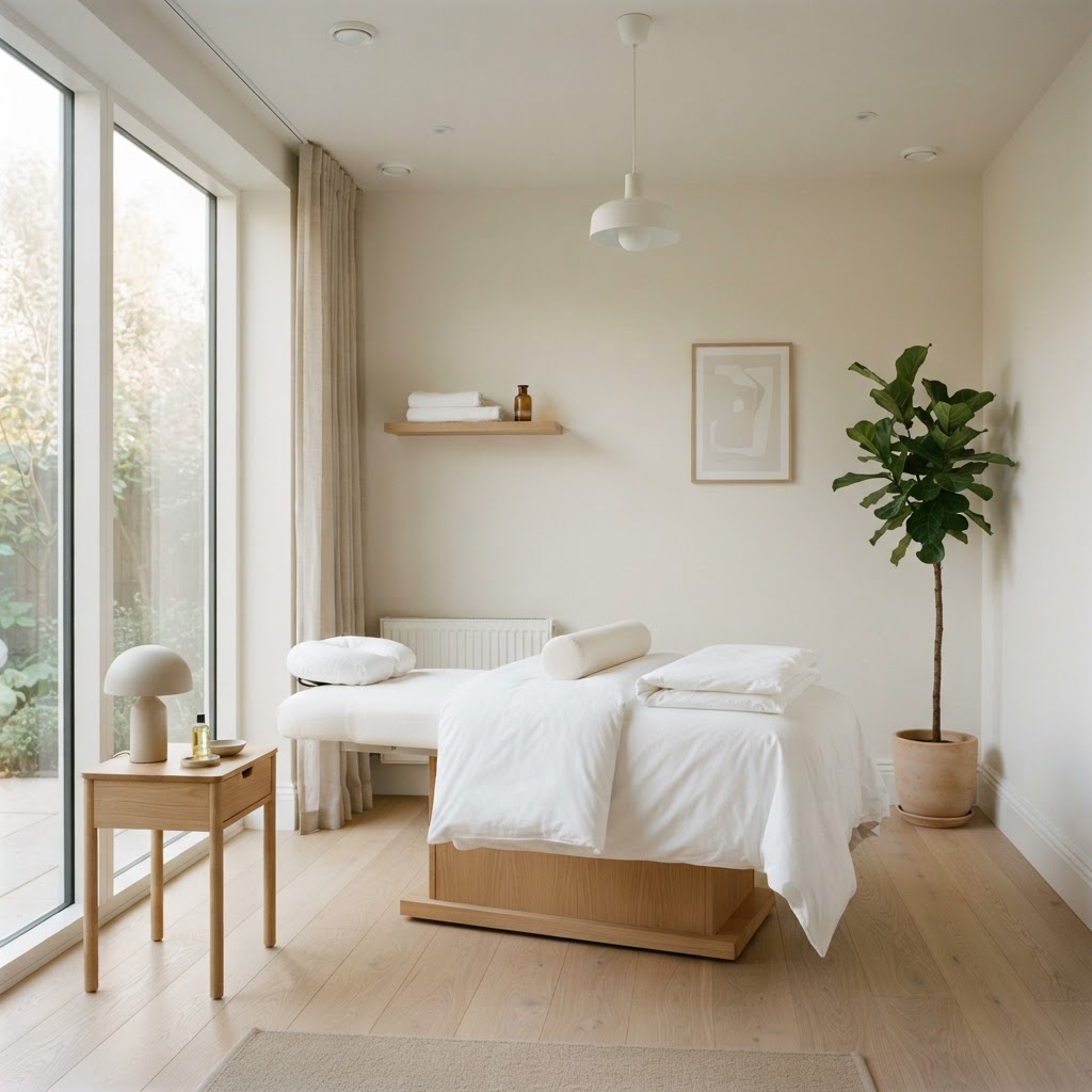 Interior of a modern private massage recovery studio in Copenhagen with a clean massage table, white sheets and warm natural light